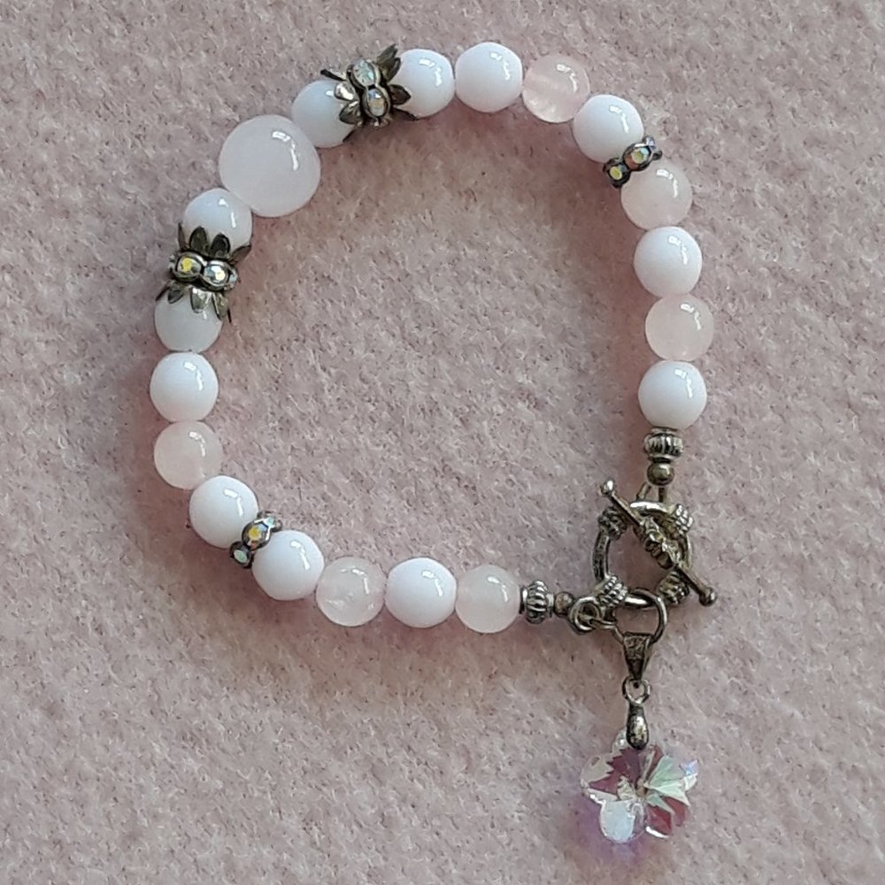 Bracelet with Rose Quartz &  Pink Glass Beads, Crystal Charm